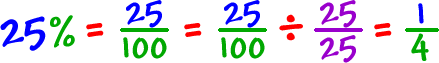 25% = 25 / 100 = ( 25 / 100 ) divided by ( 25 / 25 ) = 1 / 4
