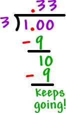 long division work for 1.00 divided by 3