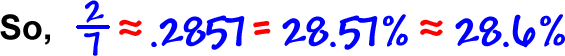 So, 2 /7 is approximately equal to .2857 = 28.57% is approximately equal to 28.6%