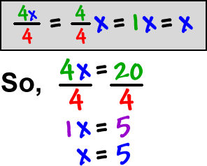 4x / 4 = (4/4)x = 1x = x     So, 4x / 4 = 20 / 4   which gives  1x = 5   which is  x = 5