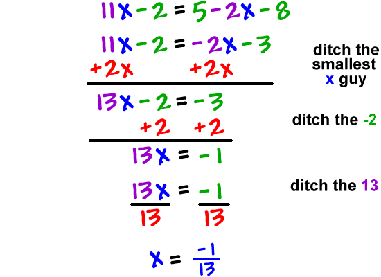 11x - 2 = 5 - 2x - 8   which gives   11x + 2x - 2 = - 2x + 2x - 3   which gives   13x = -1   ditch the 13...   13x/13 = -1/13   which gives  x = -1/13 
