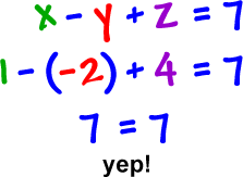 x - y + z = 7 ... 1 - ( -2 ) + 4 = 7 ... 7 = 7 ...yep!