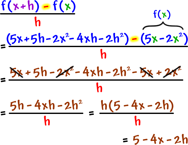 ( f( x + h ) - f( x ) ) / h  =  ( ( 5x + 5h - 2x^2 - 4xh - 2h^2 )( 5x - 2x^2 ) ) / h  =  ( 5x + 5h - 2x^2 - 4xh - 2h^2 - 5x + 2x^2 ) / h  ...  the 5x's and the 2x^2's cancel out  ...  ( 5h - 4xh - 2h^2 ) / h  =  ( h( 5 - 4x - 2h ) ) / h  =  5 - 4x - 2h