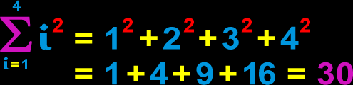 The summation from i = 1 to 4 of  i^2 = 1^2 + 2^2 + 3^2 + 4^2 = 1 + 4 + 9 + 16 = 30